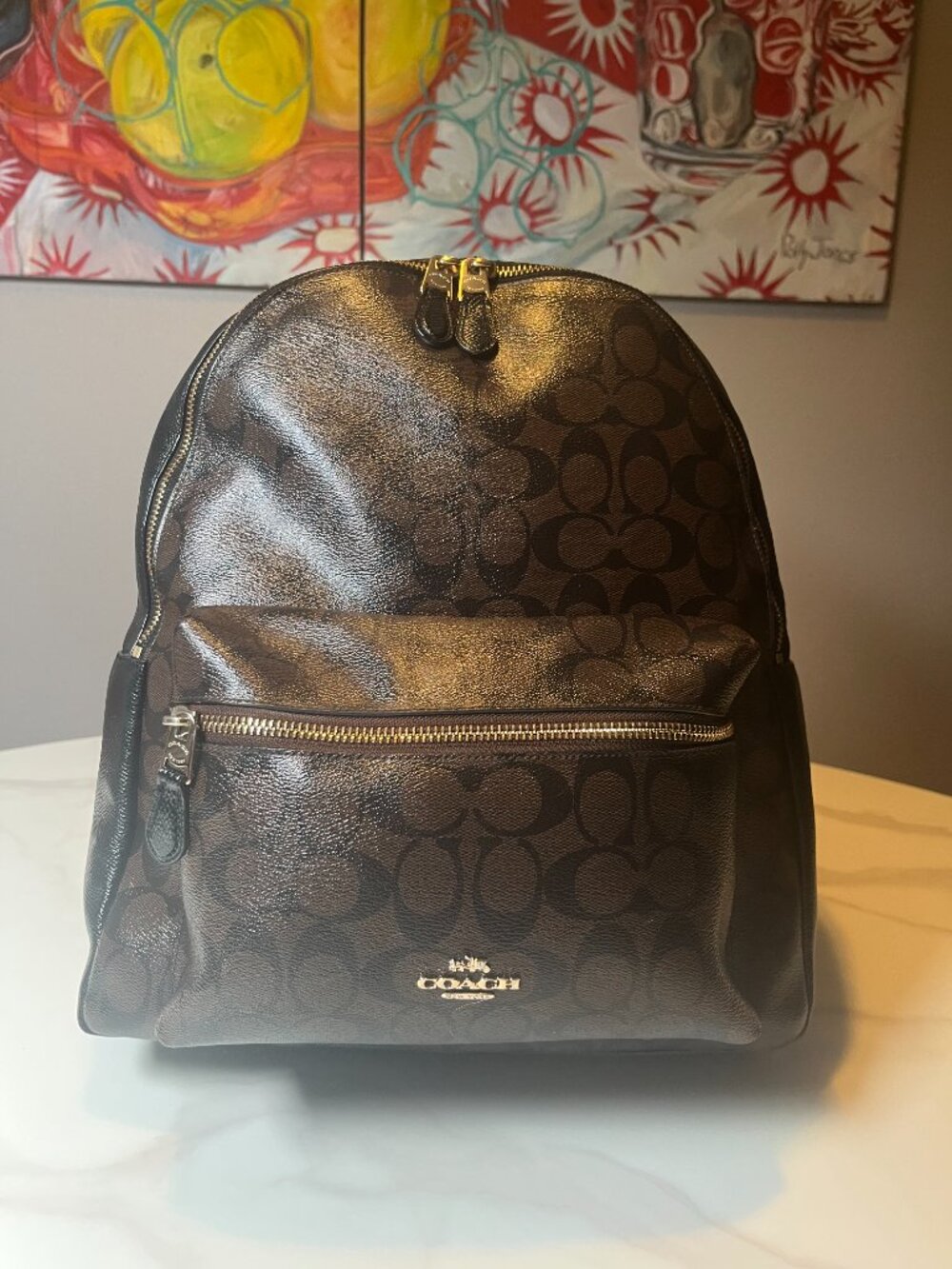 Coach Medium Charlie Backpack Signature Brown Black Canvas Leather Trim